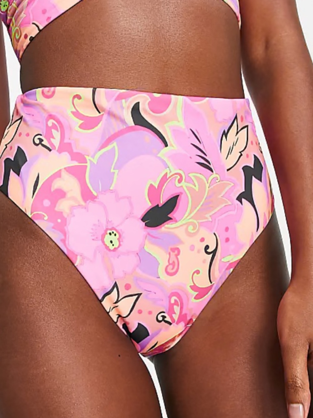 ASOS DESIGN Retro Floral High Waisted Bikini Bottom Pink Multi Size US 6